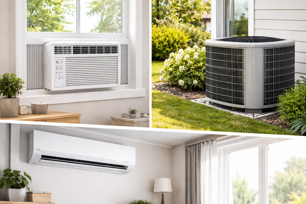 various types of air conditioners including window, central, and mini-split units displayed together