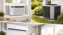 various types of air conditioners including window, central, and mini-split units displayed together