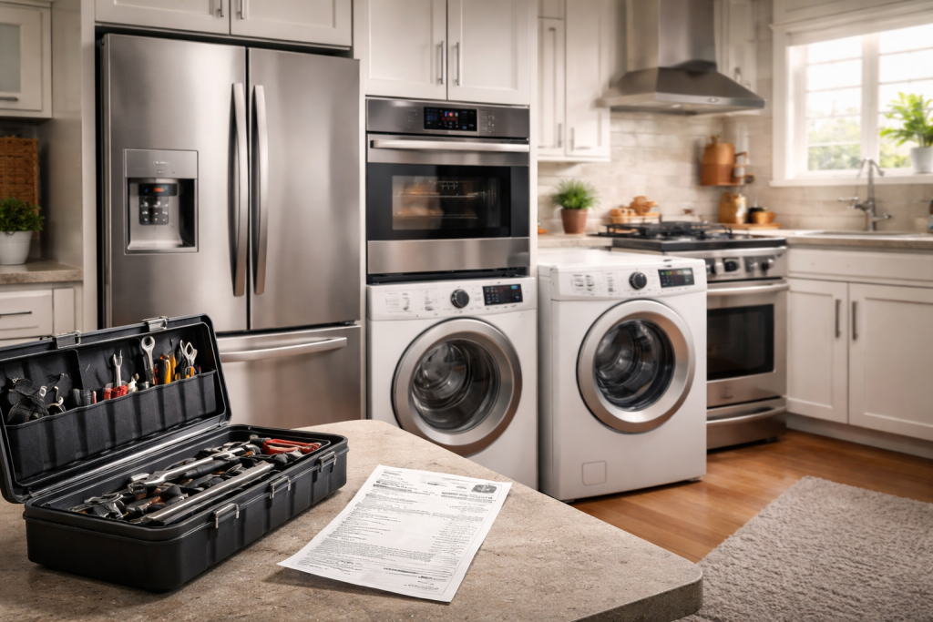 homeowner considering appliance repair costs with a broken refrigerator and washing machine in the background