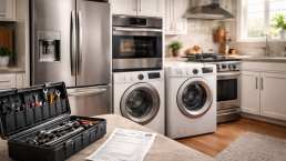 homeowner considering appliance repair costs with a broken refrigerator and washing machine in the background