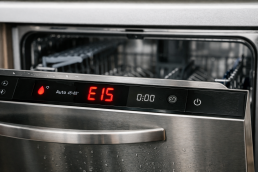 Photorealistic Bosch dishwasher with error code E15 displayed on the appliance control panel screen in a 3:2 frame