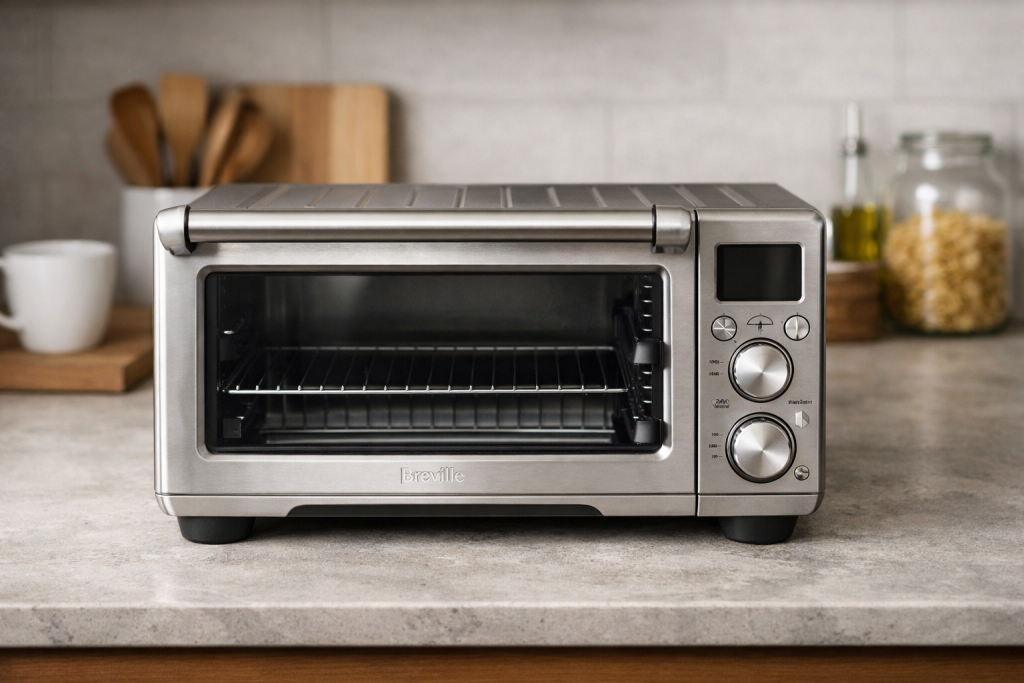 photorealistic image of a Breville toaster oven on a kitchen countertop powered off with no lights or display visible