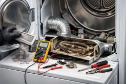 Modern white dryer with its door open showing clean lint filter and vent hose in a laundry room