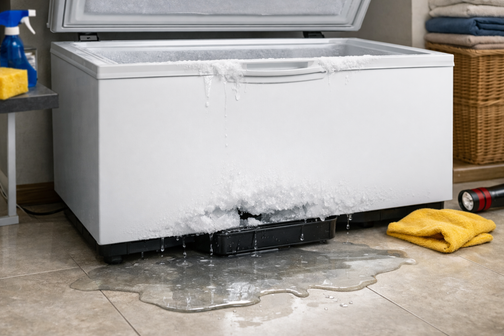 Photorealistic chest freezer with water pooling on the floor beneath it in a clean kitchen setting