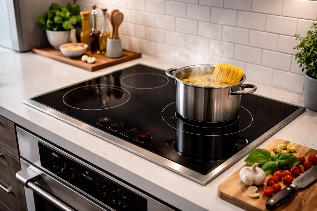 single modern cooktop with induction, gas, and electric burners on a kitchen countertop