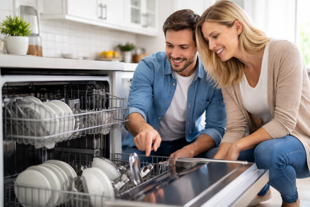a modern dishwasher with clean dishes inside in a bright kitchen setting