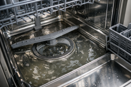 Photorealistic close-up of a dishwasher door slightly open with water visible inside and faint humming sound implied