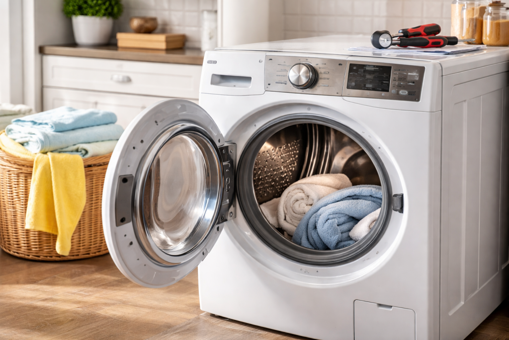 Hands placing a warranty document next to a modern clothes dryer in a bright laundry room setting