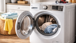 Hands placing a warranty document next to a modern clothes dryer in a bright laundry room setting