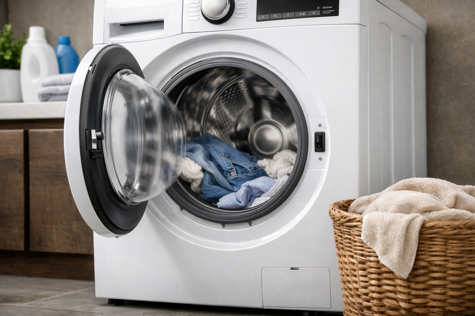 Photorealistic close-up of a front-loading dryer drum with visible signs of wear and noise vibration effects