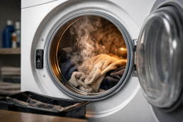Close-up of a dryer interior with faint smoke and a subtle burnt odor rising inside a home laundry room