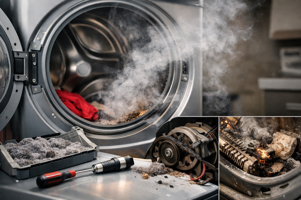 Close-up of a white dryer door slightly open with visible lint inside the drum and a faint smoky haze suggesting burning