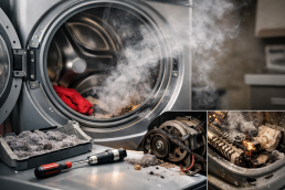 Close-up of a white dryer door slightly open with visible lint inside the drum and a faint smoky haze suggesting burning