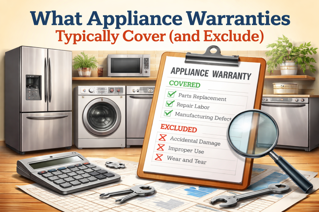 chart showing appliance warranties coverage and exclusions with icons of household appliances and check marks