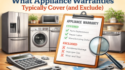 chart showing appliance warranties coverage and exclusions with icons of household appliances and check marks