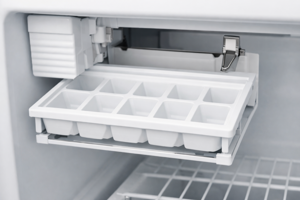 Empty clear plastic ice tray inside a freezer compartment with no ice cubes present, photorealistic view