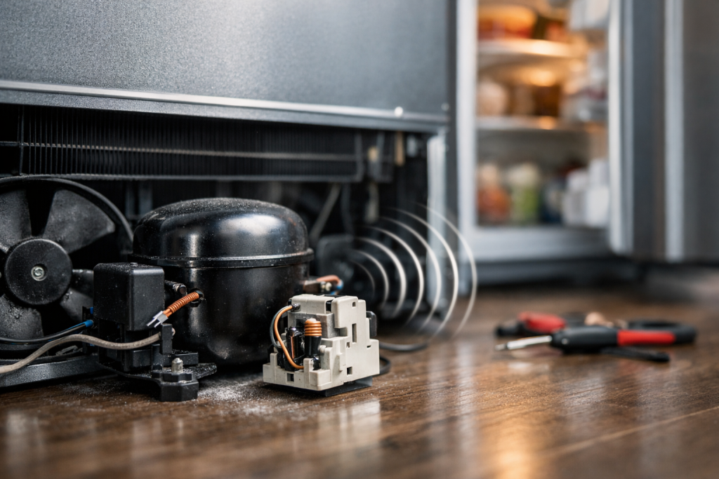 Photorealistic close-up of a modern refrigerator with the back panel removed showing compressor and condenser fan components