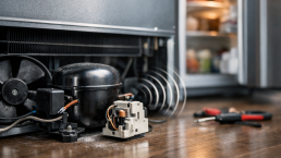 Photorealistic close-up of a modern refrigerator with the back panel removed showing compressor and condenser fan components