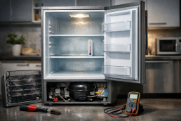 Open refrigerator with visible frost buildup on evaporator coils and a technician inspecting the cooling system components