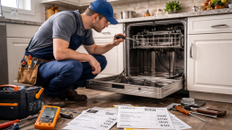 broken kitchen appliances with scattered bills and coins on a table symbolizing repair costs without coverage