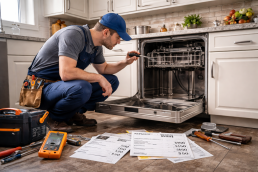 broken kitchen appliances with scattered bills and coins on a table symbolizing repair costs without coverage