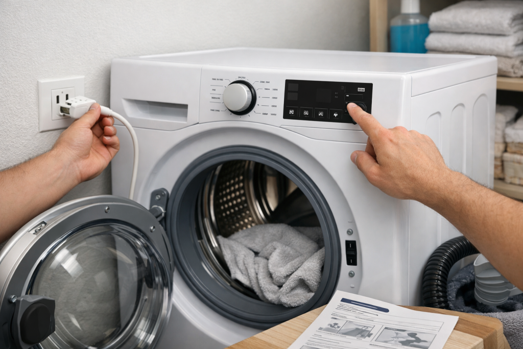photorealistic image of a modern front-loading washing machine with control panel and door closed in a home laundry room