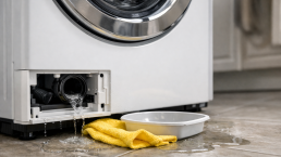 front load KitchenAid washer with water leaking from the bottom left corner onto the floor beneath the appliance