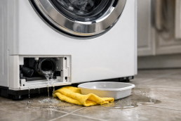 front load KitchenAid washer with water leaking from the bottom left corner onto the floor beneath the appliance