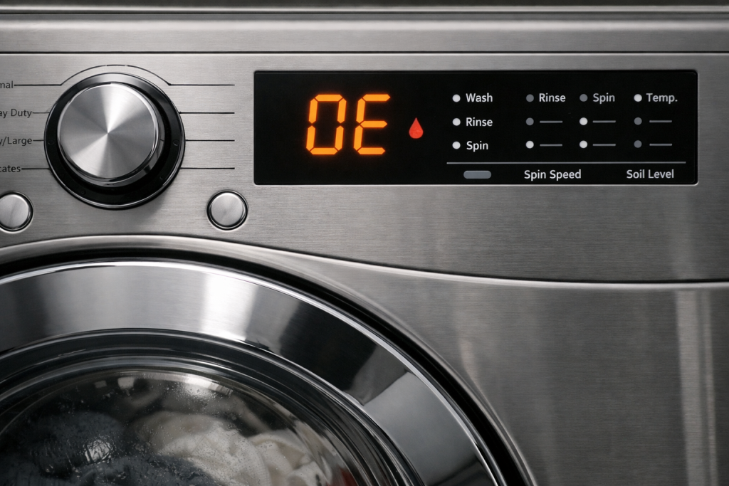 Photorealistic close-up of an LG washing machine control panel displaying the OE error code on its digital screen