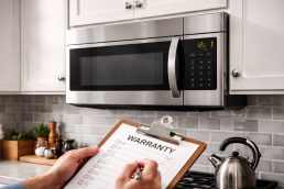 microwave oven with a shield icon symbolizing protection and warranty coverage
