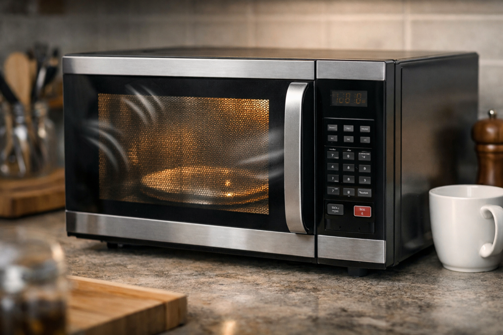 Photorealistic kitchen microwave with door slightly open emitting visible vibration and mechanical noise effects