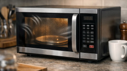 Photorealistic kitchen microwave with door slightly open emitting visible vibration and mechanical noise effects