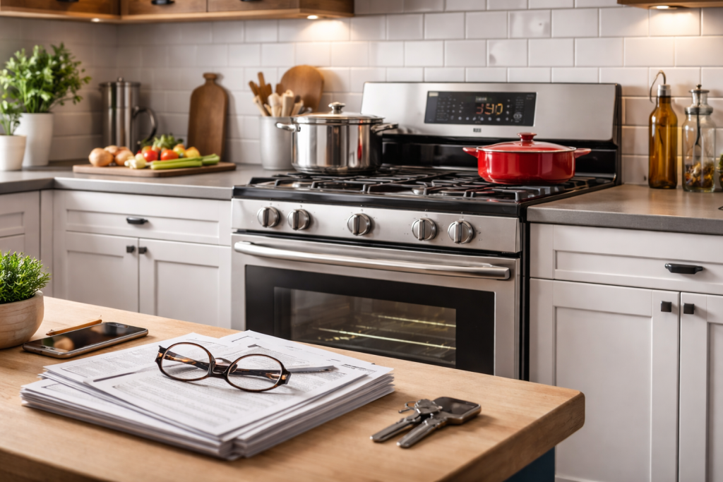 modern kitchen oven and range with a shield icon symbolizing extended warranty protection
