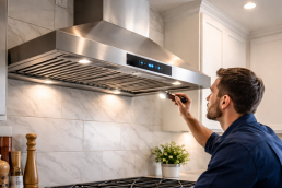 modern kitchen range hood installed above stove with stainless steel finish and vent fan visible