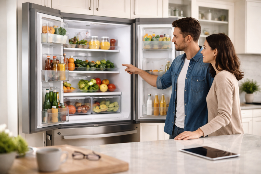 a modern refrigerator with a shield icon symbolizing protection and warranty coverage