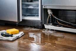 refrigerator with water pooling on the floor beneath it in a kitchen setting