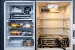 open refrigerator door showing cold freezer compartment with frost and warm fridge section with food inside