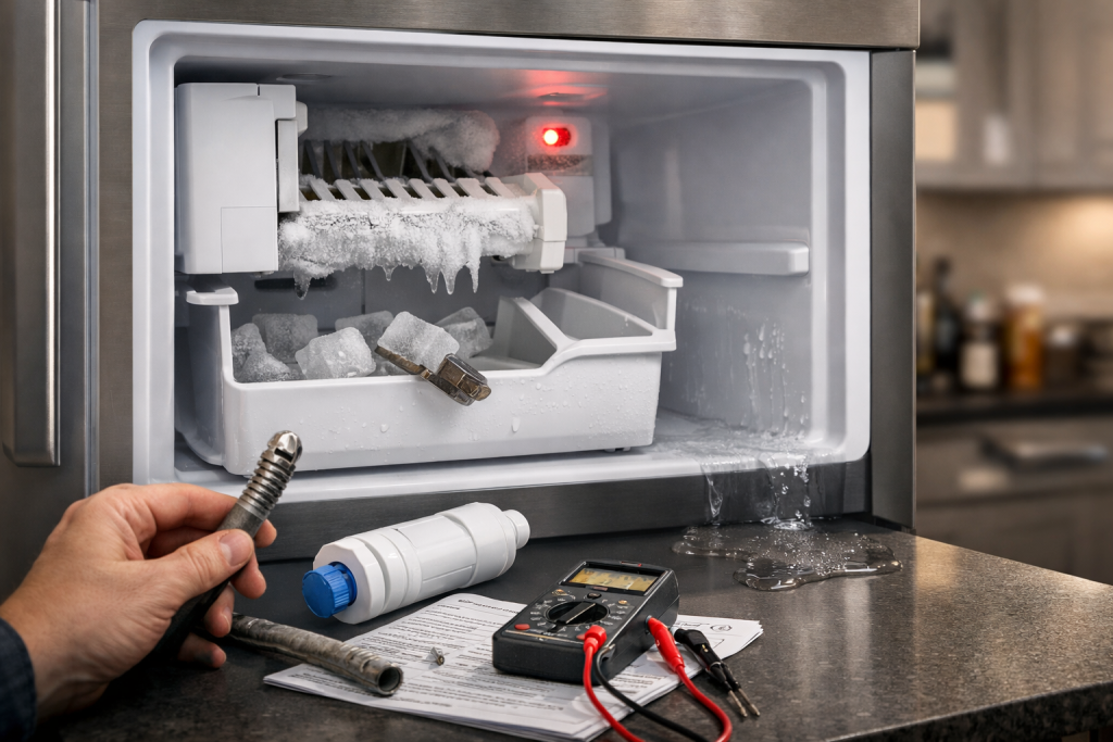 image of an open freezer compartment showing an ice maker with no ice cubes inside