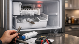 image of an open freezer compartment showing an ice maker with no ice cubes inside