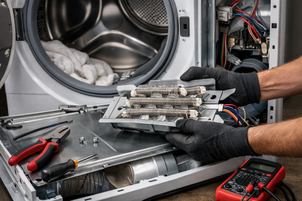Close-up of a Samsung dryer heating element being replaced by a technician in a well-lit workshop setting