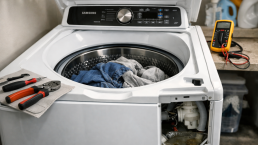 front view of a Samsung WA45T3200AW washing machine with the door closed and control panel visible