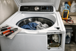 front view of a Samsung WA45T3200AW washing machine with the door closed and control panel visible