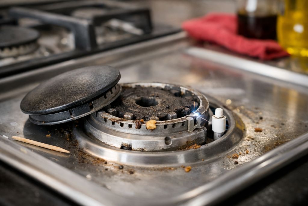 Close-up of a gas stove burner with a visible spark igniter attempting to light the burner in a kitchen setting