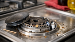 Close-up of a gas stove burner with a visible spark igniter attempting to light the burner in a kitchen setting