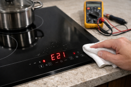photorealistic modern kitchen cooktop with illuminated burners and subtle error indicator light on control panel