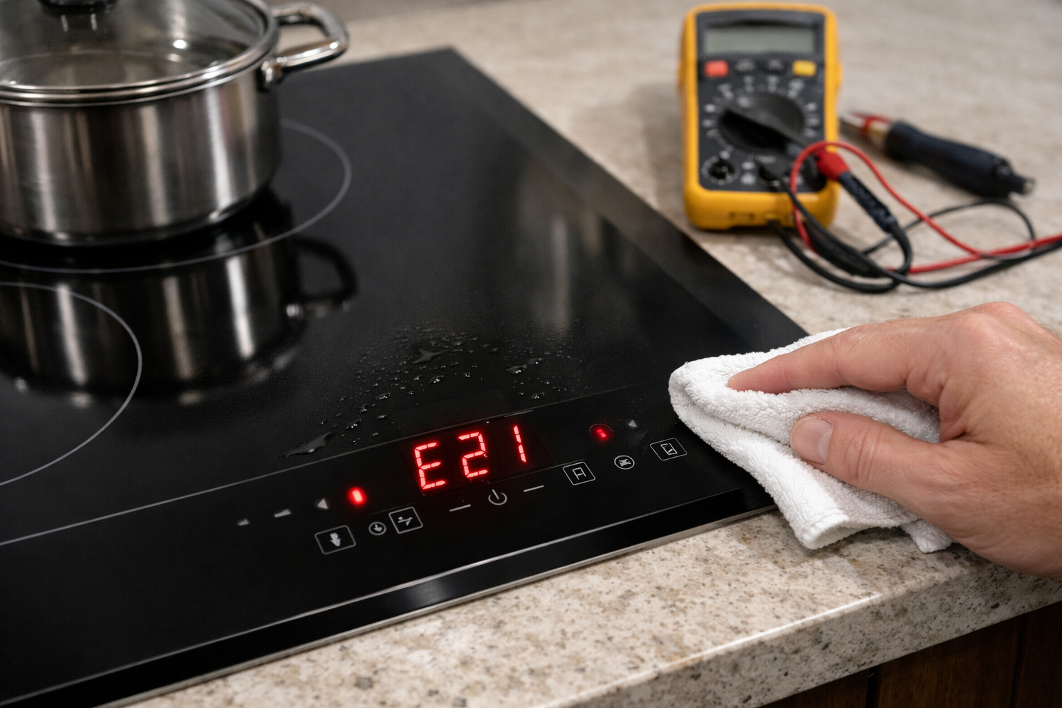 photorealistic modern kitchen cooktop with illuminated burners and subtle error indicator light on control panel