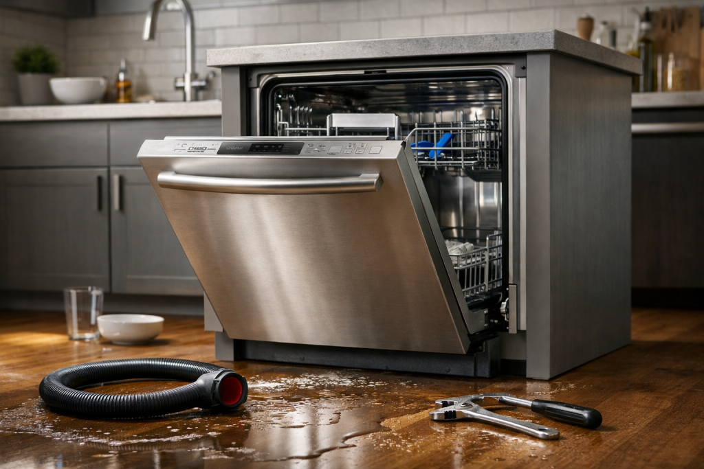 photorealistic close-up of a modern stainless steel dishwasher door slightly open with water droplets inside and soft