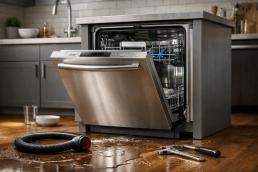 photorealistic close-up of a modern stainless steel dishwasher door slightly open with water droplets inside and soft