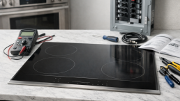 Thermador induction cooktop with dark glass surface and control panel not illuminated indicating it is off or not working