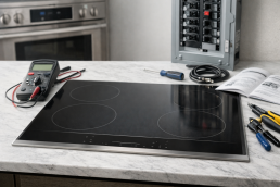Thermador induction cooktop with dark glass surface and control panel not illuminated indicating it is off or not working
